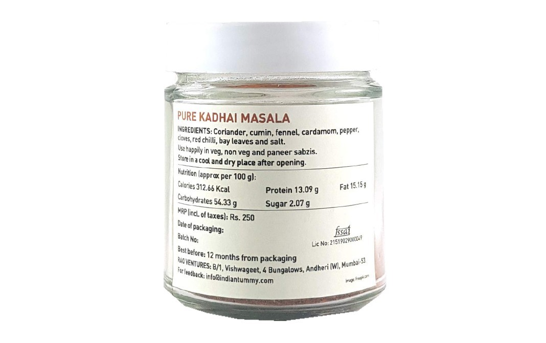 Indian Tummy Pure Kadhai Masala    Glass Jar  100 grams
